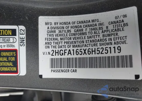 2006 Honda Civic Lx z USA, uszkodzony, nr VIN 2HGFA165X6H525119